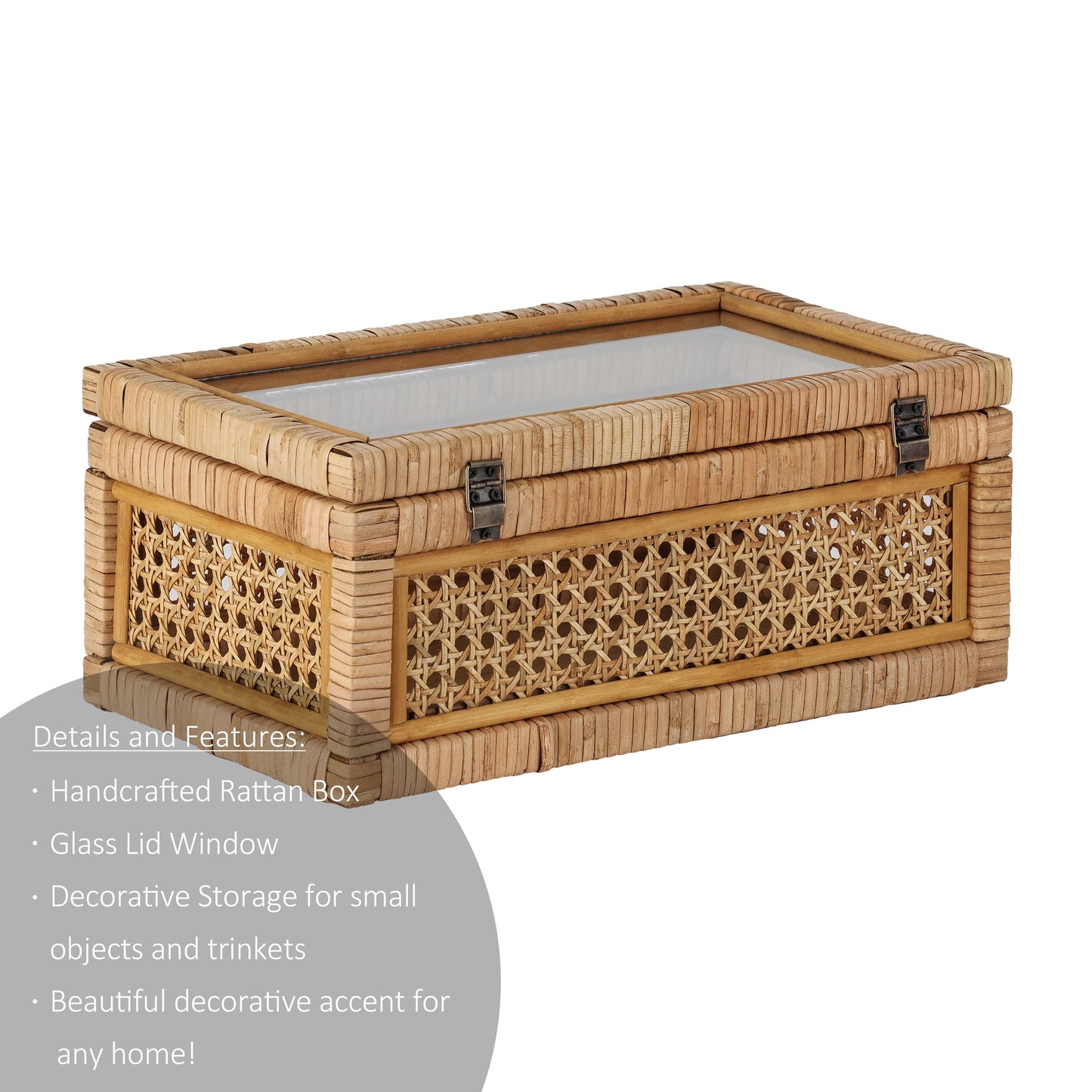 ,  Home Woven Rattan and Glass Decorative Tabletop Box