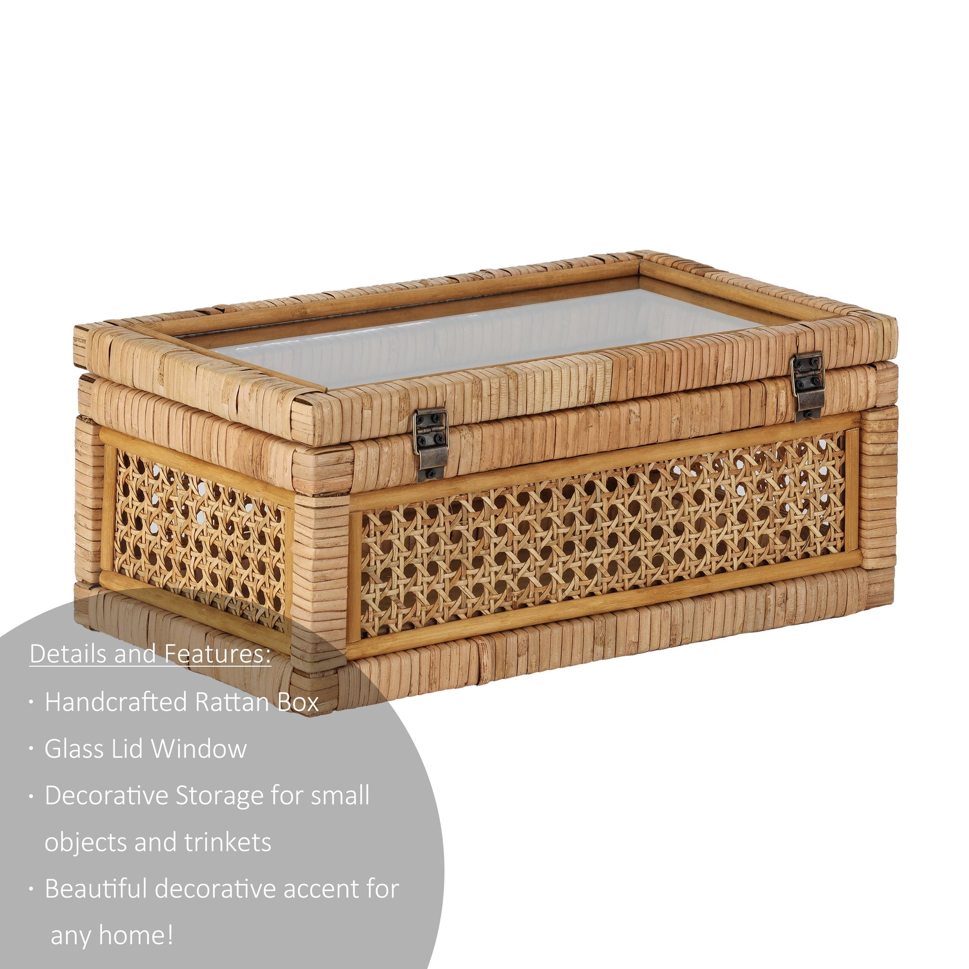 ,  Home Woven Rattan and Glass Decorative Tabletop Box