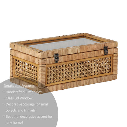 ,  Home Woven Rattan and Glass Decorative Tabletop Box