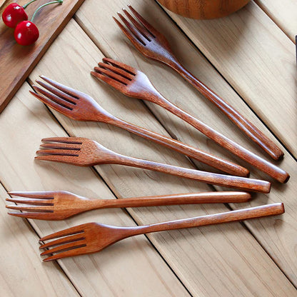Forks,Wooden Forks,  6 Pieces Eco-Friendly Japanese Wood Salad Dinner Forks Wooden Forks Set Reusable Handmade Natural Wood Flatware Set for Cooking Stirring Eating