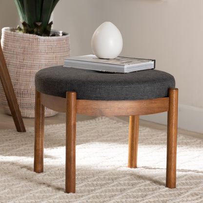 Iliana Japandi Dark Grey Fabric and Walnut Brown Finished Wood Ottoman Footstool