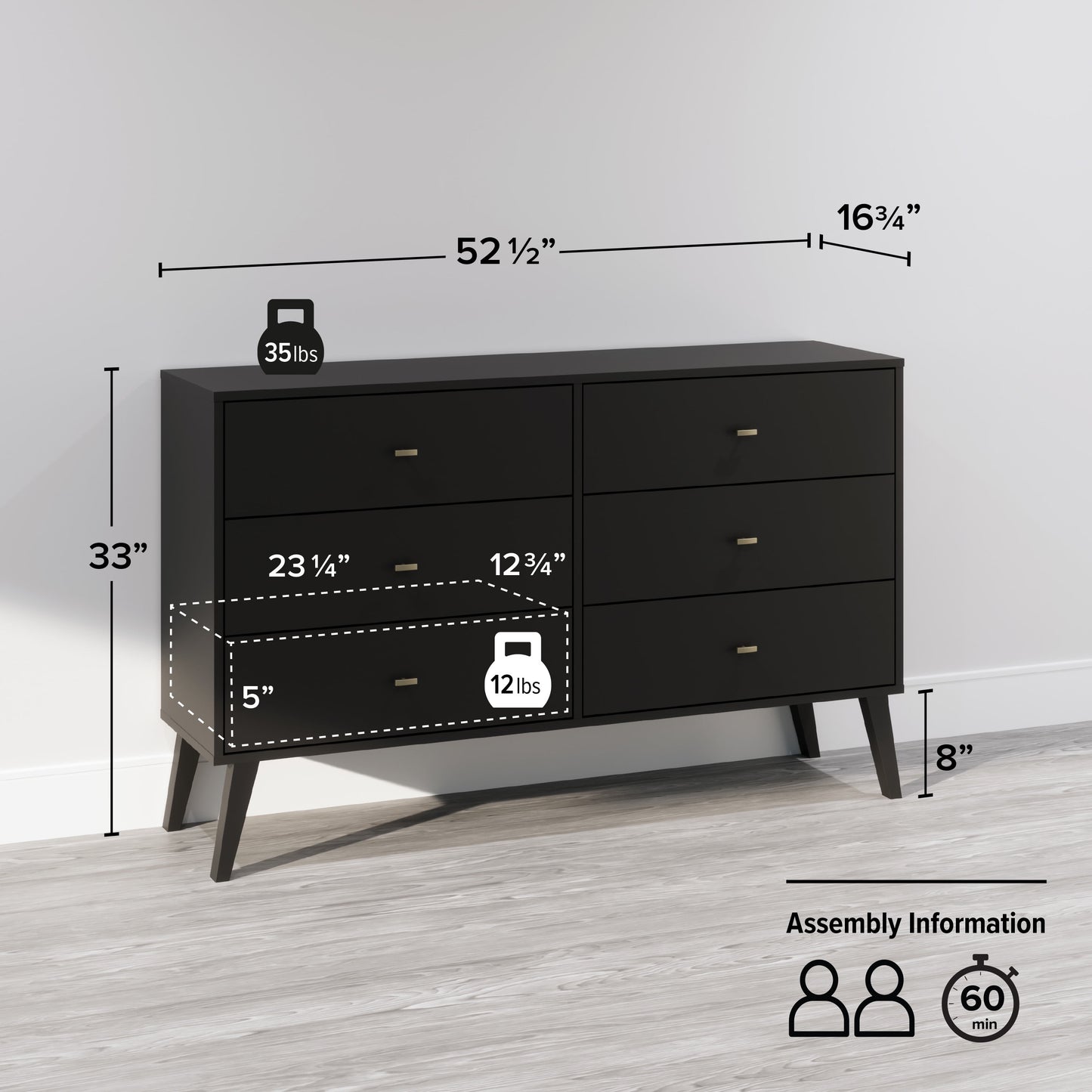 Milo Mid-Century 6 Drawer Wooden Dresser, 16.75" X 52.5" X 33", Black