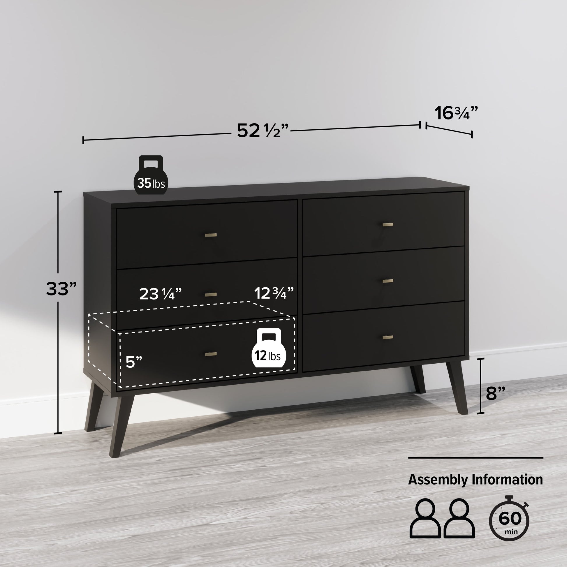 Milo Mid-Century 6 Drawer Wooden Dresser, 16.75" X 52.5" X 33", Black
