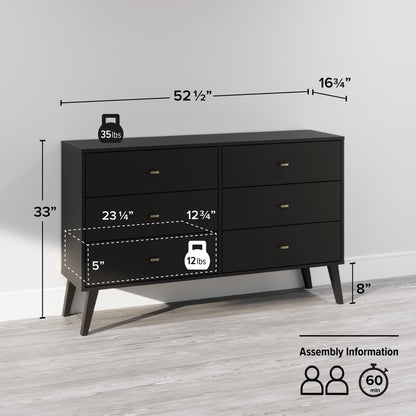 Milo Mid-Century 6 Drawer Wooden Dresser, 16.75" X 52.5" X 33", Black