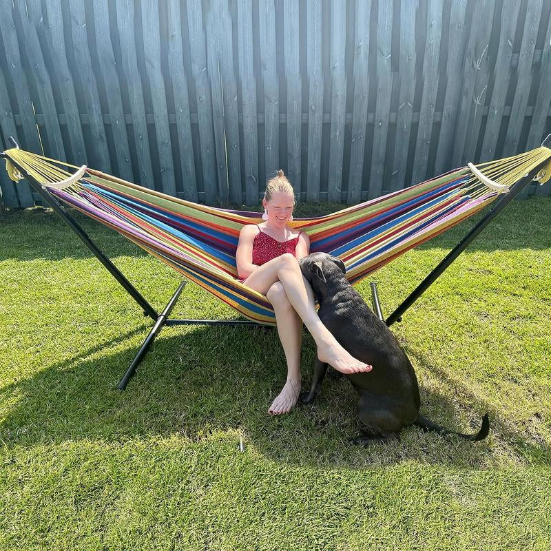 Double Hammock with Stand Included 450Lb Capacity Steel Stand, Premium Carry Bag Included and Two anti Roll Balance Beam