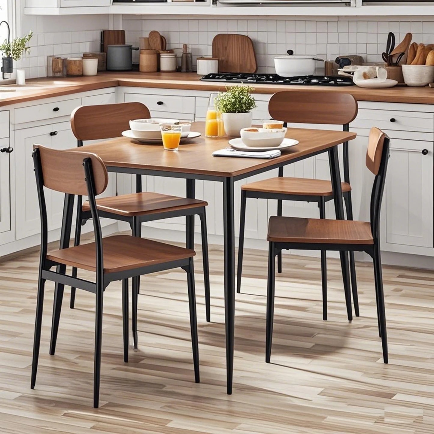 5-Piece Modern Wood & Metal Dining Room Set, Seats 4 for Indoor, Walnut Color