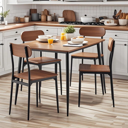5-Piece Modern Wood & Metal Dining Room Set, Seats 4 for Indoor, Walnut Color