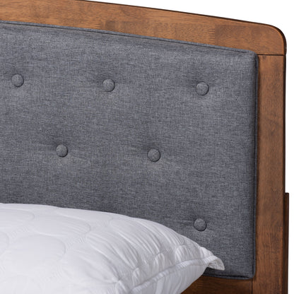 Ratana Mid-Century Modern Transitional Grey Fabric Upholstered and Walnut Brown Finished Wood, Full Size Platform Bed