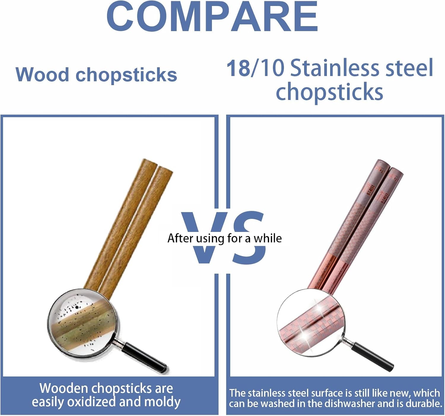 5 Pairs Reusable 18/10 Stainless Steel Metal Chopsticks Dishwasher Safe,  Square Lightweight Non-Slip 9.25 Inches Chop Sticks for Ramen, Sushi, Bento Box, Gift Set, Rose Gold