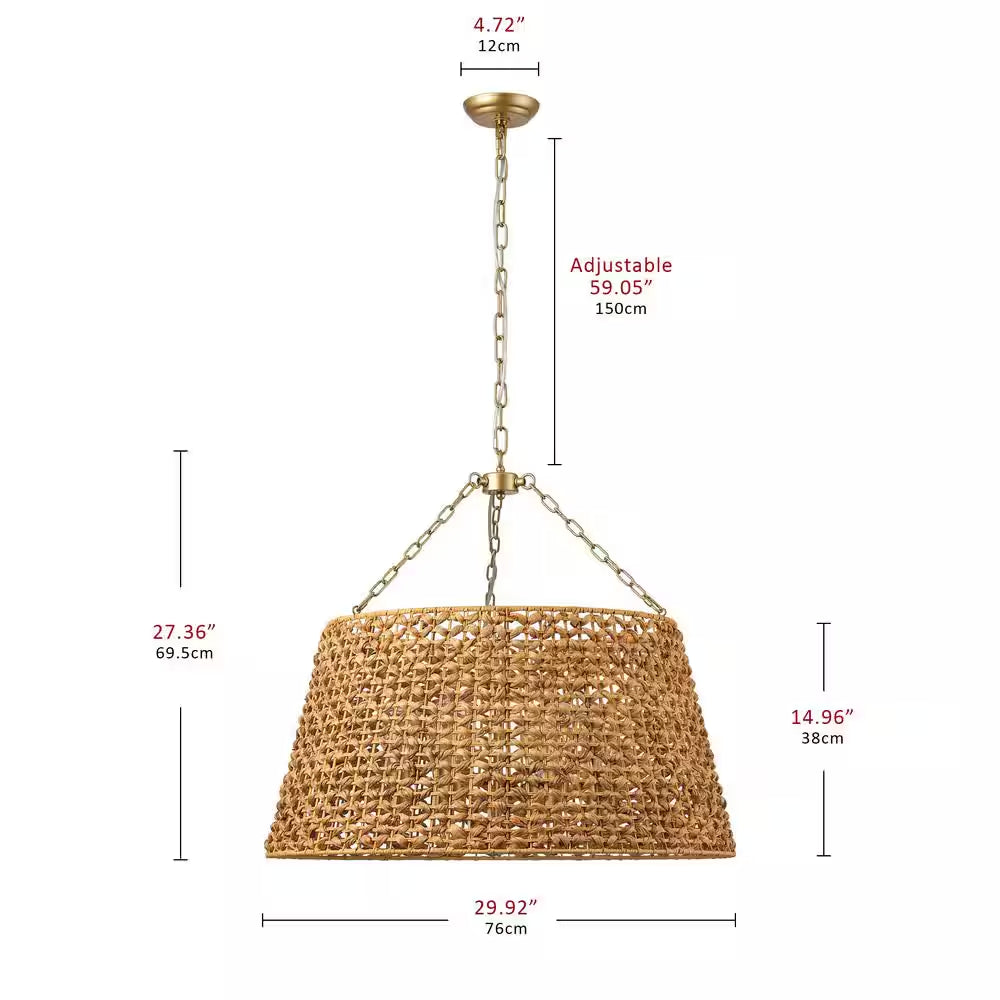 29.92 In. 6-Light Gold Woven Oversized Chandelier Boho Hand Rattan Rustic Farmhouse Ceiling Hanging Light