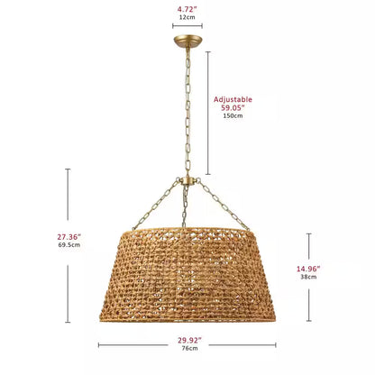 29.92 In. 6-Light Gold Woven Oversized Chandelier Boho Hand Rattan Rustic Farmhouse Ceiling Hanging Light
