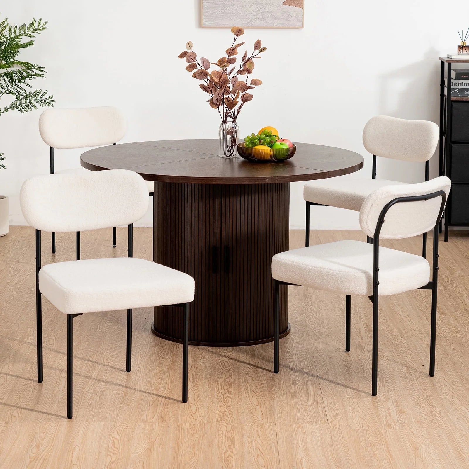 Boucle Dining Chairs Set of 4 Modern Upholstered Kitchen Dining Room Chairs with Backrest & Metal Legs Accent Side Chairs White for Dining Kitchen Living Room Bedroom