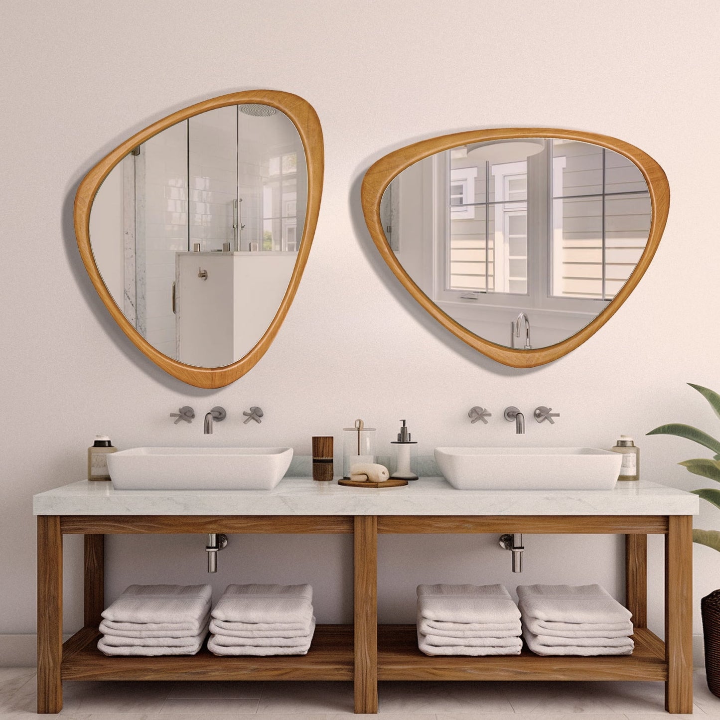 Irregular Natural Wood Frame Wall Mirror for Bathroom, Asymmetrical Home Wall Decor, 20.28 × 25.4 Inch