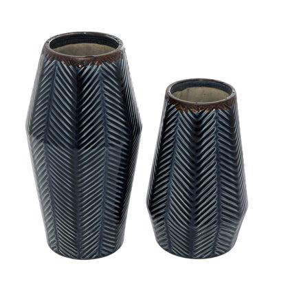11", 8"H Handmade Chevron Dark Blue Ceramic Vase, Set of 2