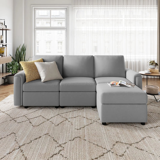 Modular Couches and Sofas Sectional with Storage, 4 Seat Sectional Sofa for Living Room, L Shaped Sectional Couch with Reversible Chaises, Light Gray