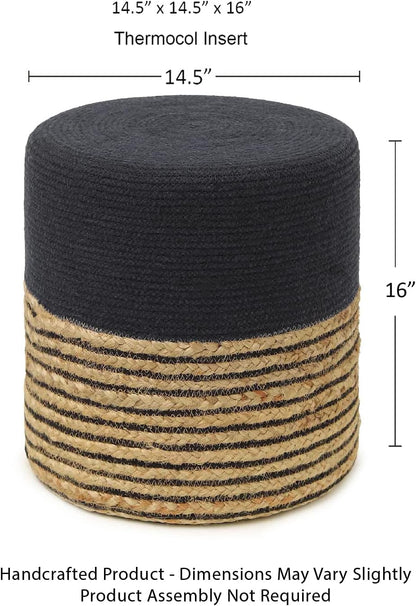 · Cylindrical Pouf Ottoman - Braided Pouffe Accent Sitting round Footrest for Living Room, Bedroom, Nursery, Kidsroom, Patio, Gym; 70% Cotton 30% Jute, (14.5X14.5X16; Black Natural)