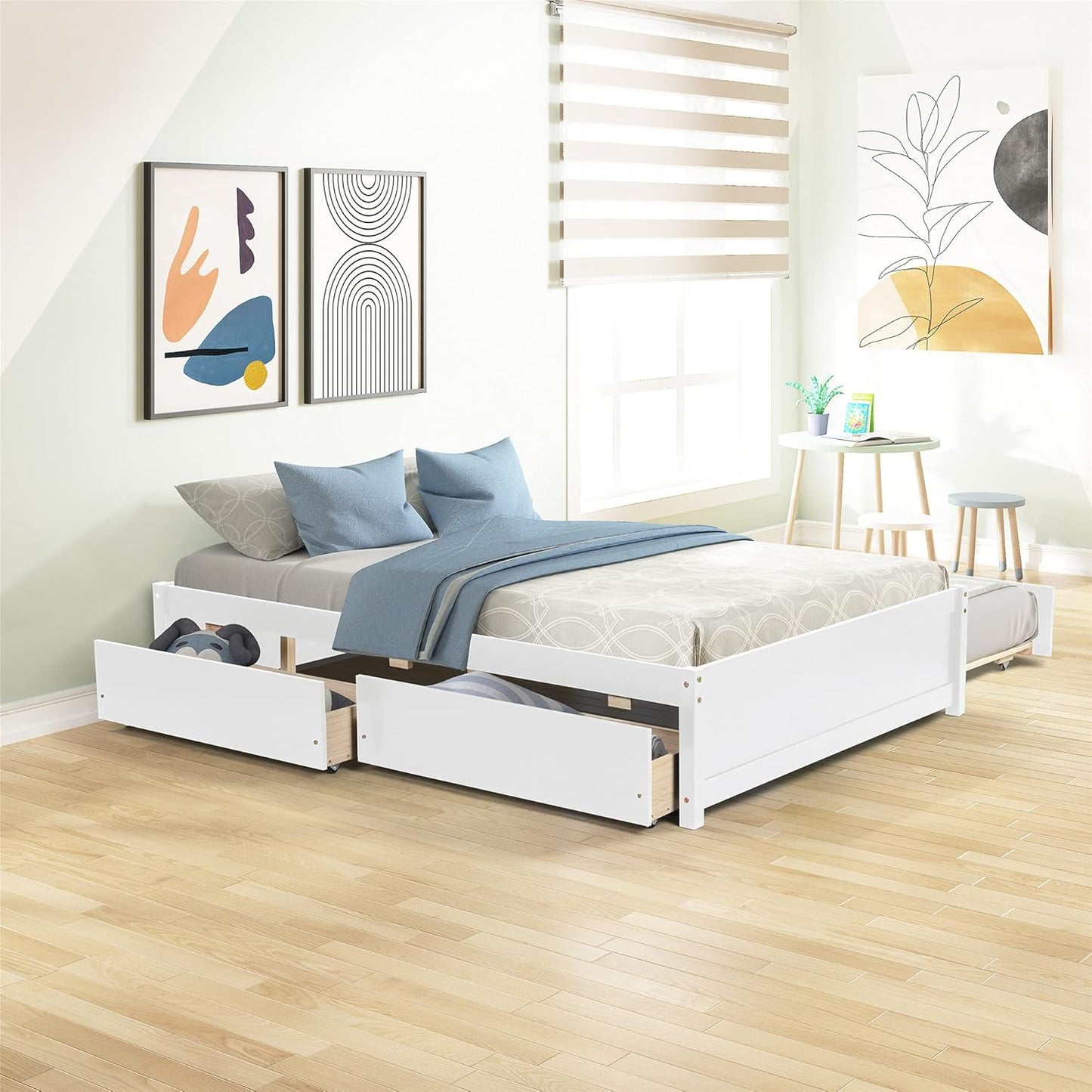 Full Bed Frame with Drawers and Trundle,Full Size Wood Platform Bed with Storage, Space Saving Full Captain Bed for Kids Teens or Adults, No Box Spring Needed,White