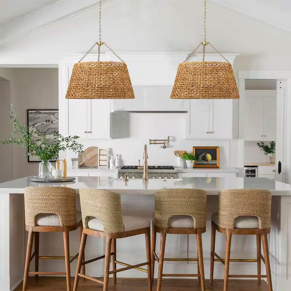 29.92 In. 6-Light Gold Woven Oversized Chandelier Boho Hand Rattan Rustic Farmhouse Ceiling Hanging Light