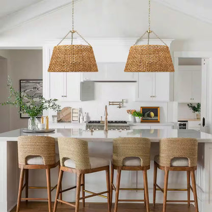 29.92 In. 6-Light Gold Woven Oversized Chandelier Boho Hand Rattan Rustic Farmhouse Ceiling Hanging Light
