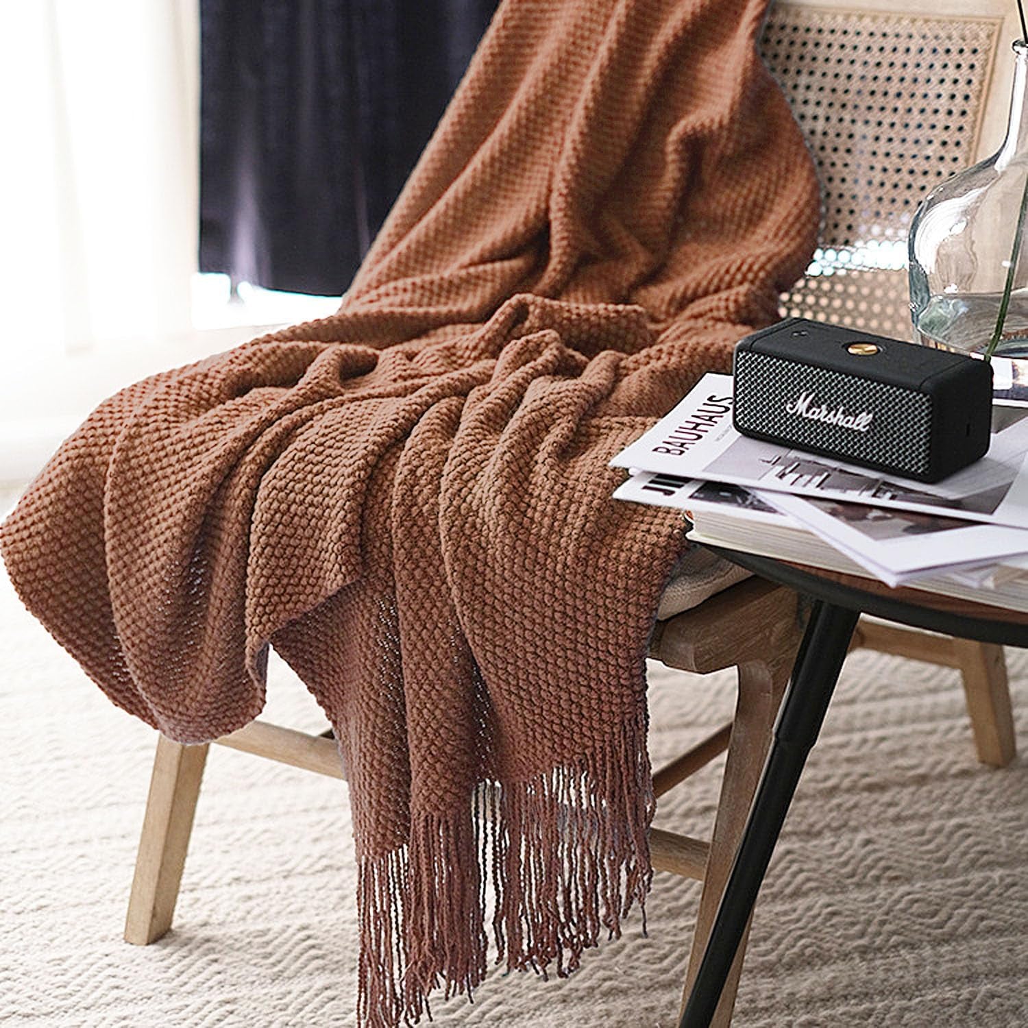 Knitted Throw Blanket with Tassels Bubble Textured Lightweight Throws for Couch Cover Home Decor (Caramel, 60X80)