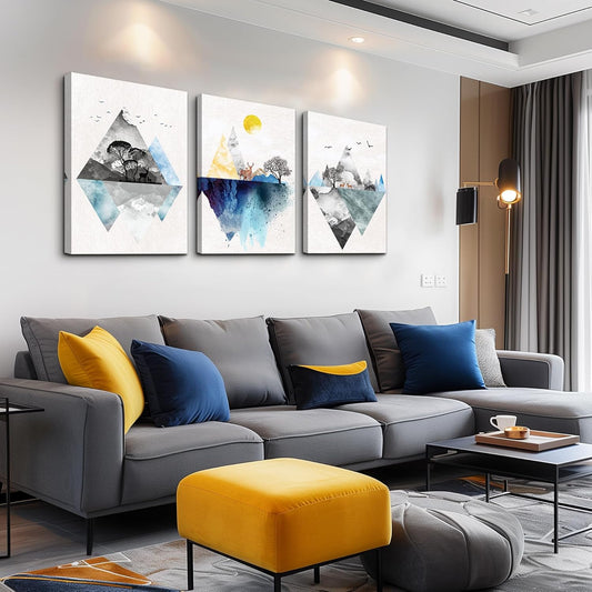 Wall Art for Living Room Canvas Prints Artwork Bathroom Wall Decor Abstract Mountain Geometric Picture Watercolor Painting 3 Pieces Framed Bedroom Wall Decorations Fashion Office Home Decoration
