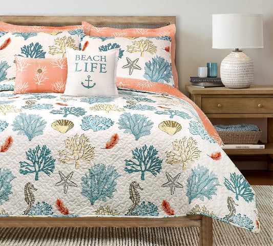 Contemporary Blue, Beigeorange, Multi-Color Polyester Reversible Quilts, King 7 Count