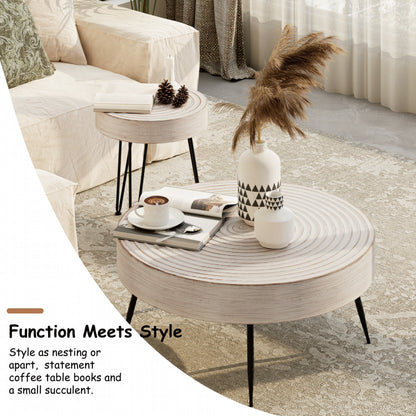 Rustic Handmade Ring Pattern MDF and Metal Coffee Table, White