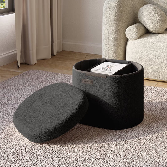 Oval Storage Ottoman Bench, Boucle 16" Ottoman with Storage , Black