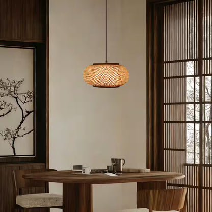 15.7 In. 1-Light Vintage Bamboo Rattan Lantern Pendant Light with Hand-Woven Bamboo Shade