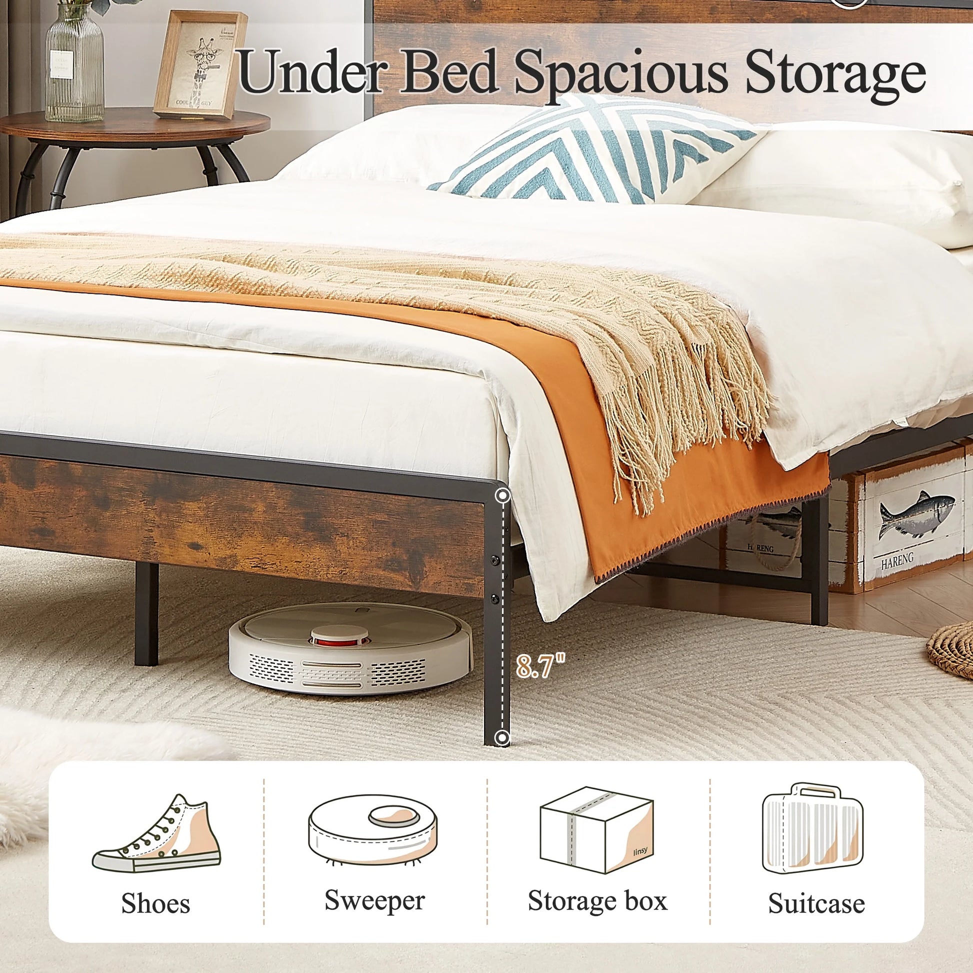 Full Size Bed Frame with Storage Headboard, Metal Bed Frame with Plug Outlets, USB, Brown