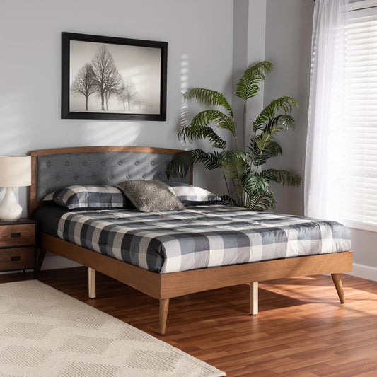 Ratana Mid-Century Modern Transitional Grey Fabric Upholstered and Walnut Brown Finished Wood, Full Size Platform Bed