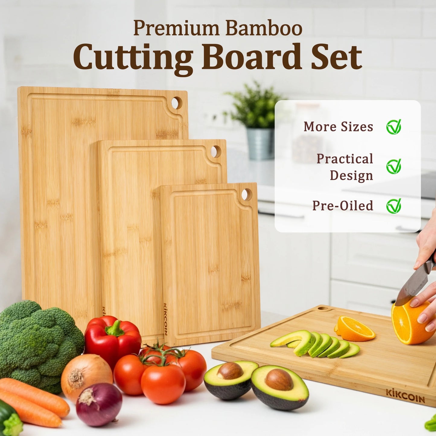 Bamboo Cutting Board, 3 Pcs Cutting Board with 3 Hooks, Wood Chopping Boards for Kitchen, Deep Juice Groove for Vegetables and Meat