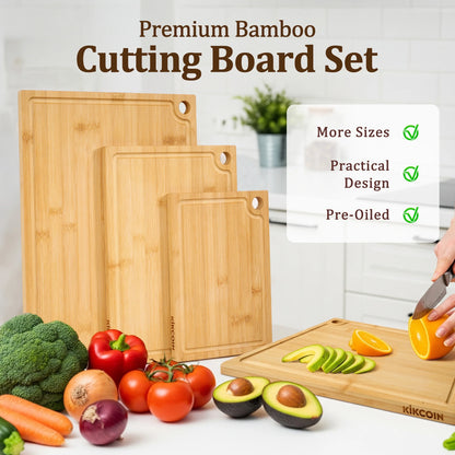 Bamboo Cutting Board, 3 Pcs Cutting Board with 3 Hooks, Wood Chopping Boards for Kitchen, Deep Juice Groove for Vegetables and Meat