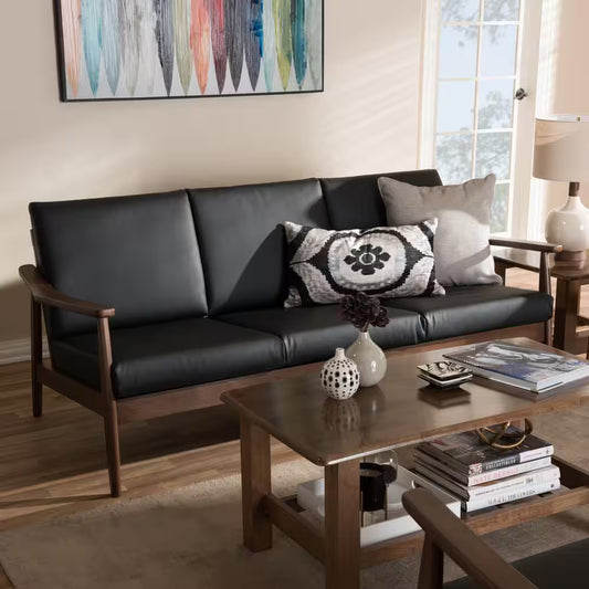 Venza 72.1 In. Black/Brown Faux Leather 4-Seater Bridgewater Sofa with Wood Frame