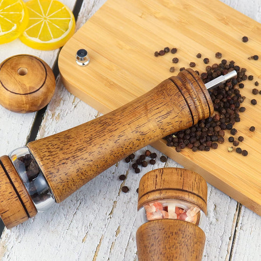 Pepper Grinder, Wood Salt and Pepper Mills Set, Classic Manual Spice Grinder Refillable Salt Mill Sets with Acrylic Visible Window Adjustable Ceramic Grinding Rotor 8 Inch 2 Pack