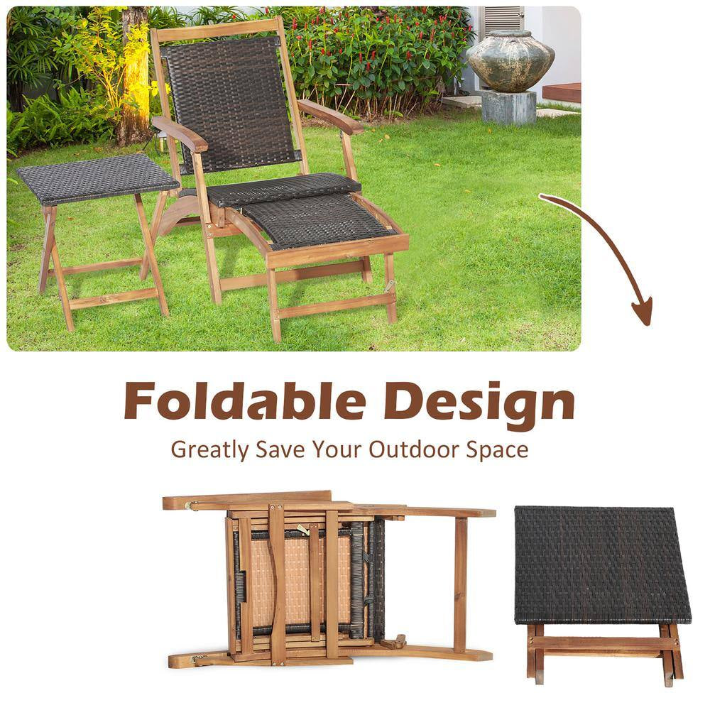 4-Piece Wicker Patio Conversation Set Rattan Folding Lounge Chair Table with Retractable Footrest