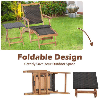 4-Piece Wicker Patio Conversation Set Rattan Folding Lounge Chair Table with Retractable Footrest