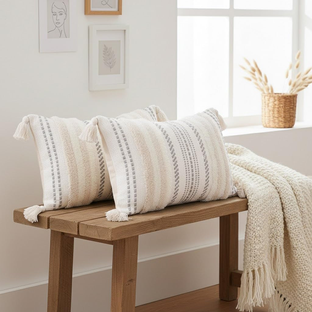 Decorative Boho Throw Pillow Covers 20X20 Set of 2, Accent Neutral Textured Tufted Pillow Covers Striped for Couch Bed Sofa Living Room, Beige and Cream White