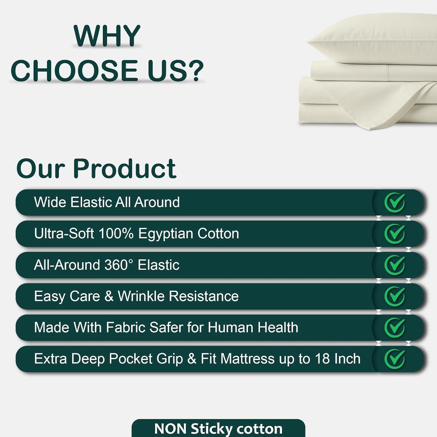 4 Piece Top Split King Sheet Set for Sleep Number Adjustable Bed, 100% Egyptian Cotton Bed Sheets, 34" Flex Head, Fits 18" Deep Mattress, 78" X 80", Ivory Solid