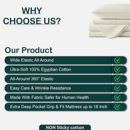 4 Piece Top Split King Sheet Set for Sleep Number Adjustable Bed, 100% Egyptian Cotton Bed Sheets, 34" Flex Head, Fits 18" Deep Mattress, 78" X 80", Ivory Solid
