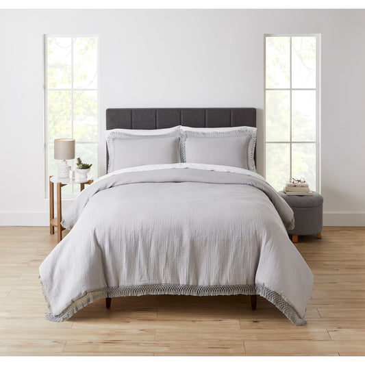 Solid Color Soft Silver Textured Matelassé Full/Queen Duvet Cover Set, No Fill