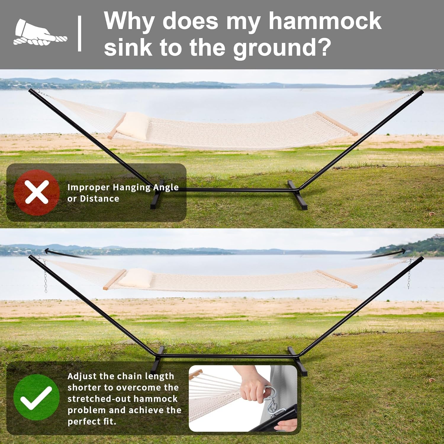 Double Outdoor Hammock with Stand Included, Portable Cotton Rope 2 Person Hammock for Outdoor, Patio, Garden, Backyard, Beige