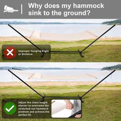Double Outdoor Hammock with Stand Included, Portable Cotton Rope 2 Person Hammock for Outdoor, Patio, Garden, Backyard, Beige