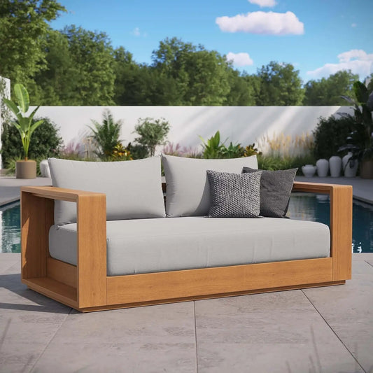 Tahoe Acacia Wood Outdoor Patio Loveseat in Natural Light Gray with Weather-Resistant Cushions - Ideal as a Patio Couch