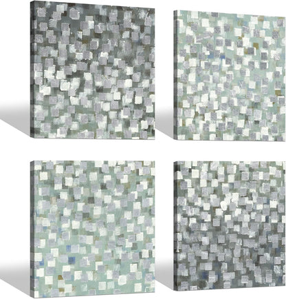 Abstract Canvas Wall Art Pictures: Bedroom Modern Silver Foil Print Artwork Decor Contemporary Glitter Squares Teal Green Gradient Textured Painting for Office (12” X 12” X 4 Panels)