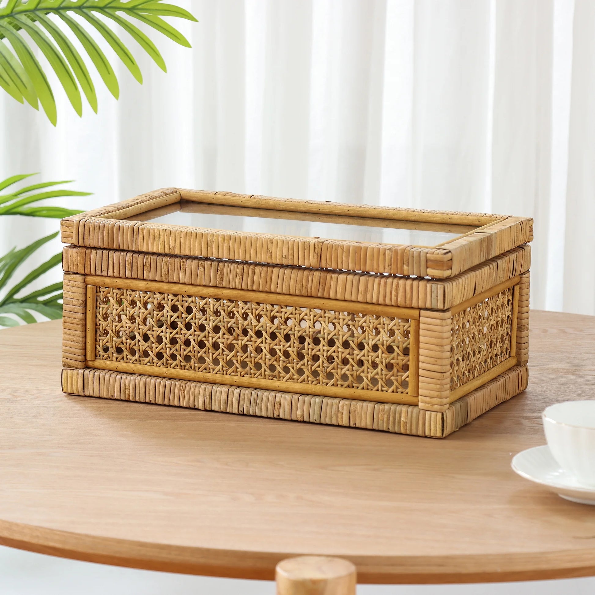 ,  Home Woven Rattan and Glass Decorative Tabletop Box