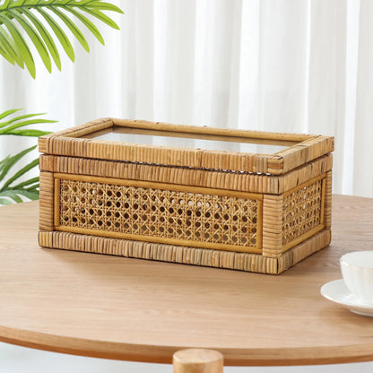 ,  Home Woven Rattan and Glass Decorative Tabletop Box