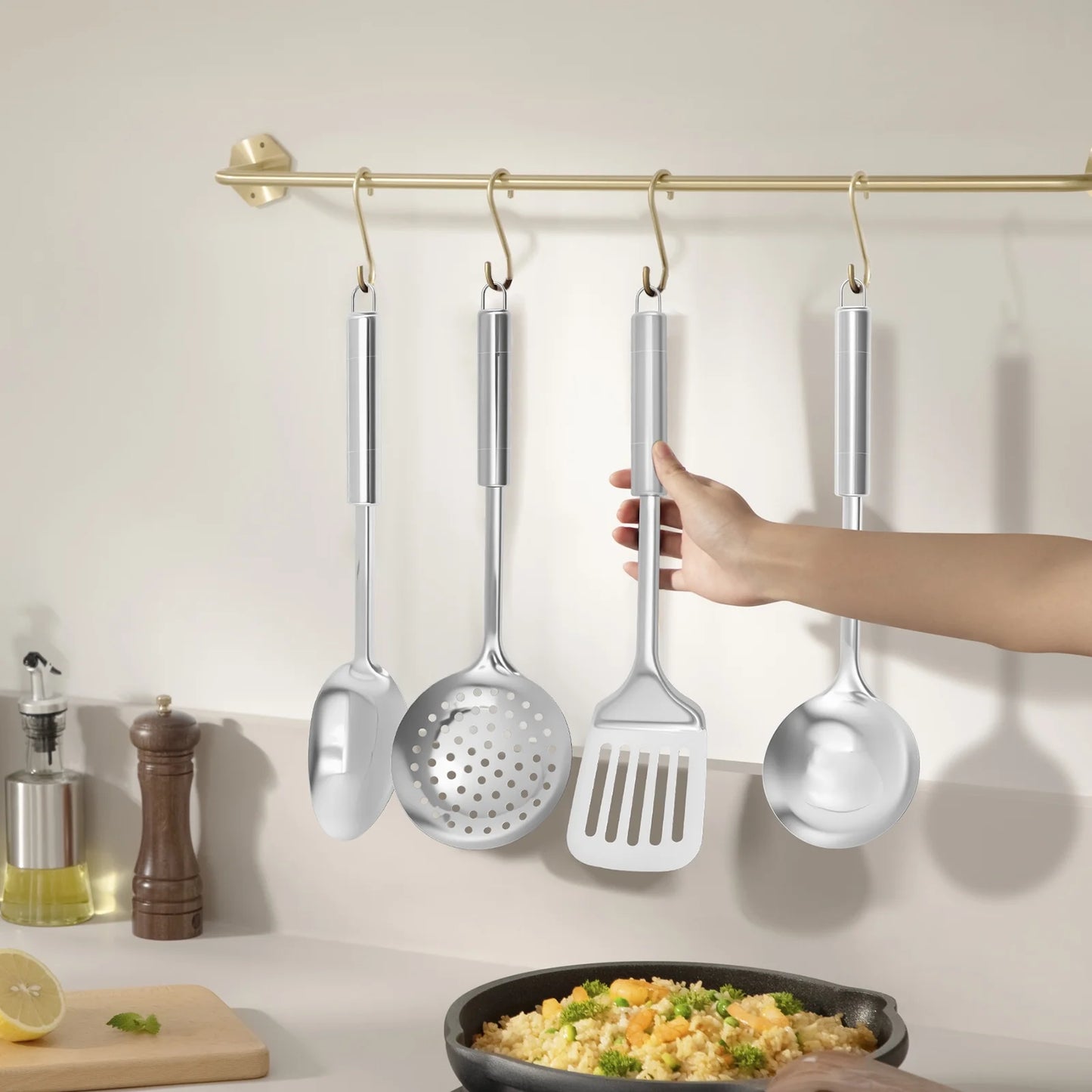 Ihvewuo 6 Pcs Cooking Utensils Set Stainless Steel Kitchen Utensil Set Heat Resistant Wok Utensils Set Versatile Kitchen Cooking Utensils Set for Home Kitchen Cooking