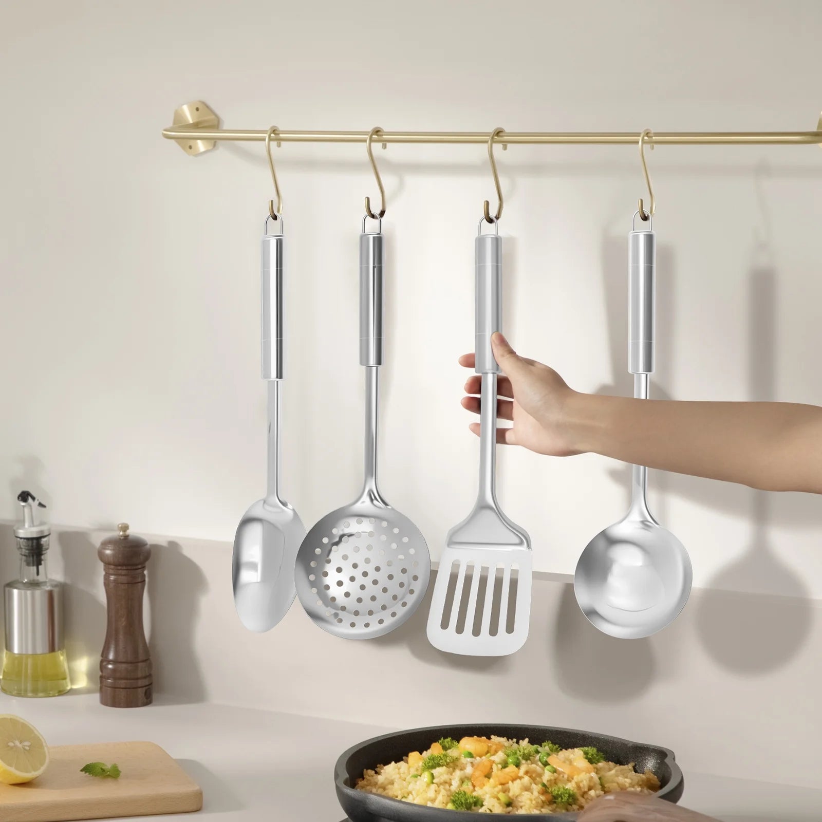 Ihvewuo 6 Pcs Cooking Utensils Set Stainless Steel Kitchen Utensil Set Heat Resistant Wok Utensils Set Versatile Kitchen Cooking Utensils Set for Home Kitchen Cooking
