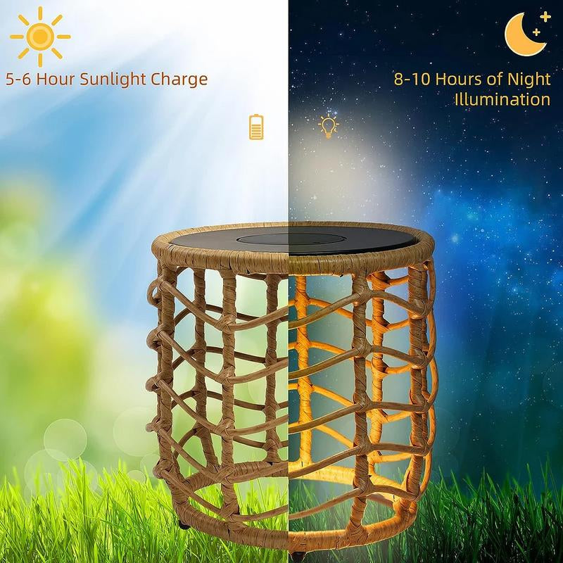 GRAND PATIO Wave Outdoor Nesting Tables Built-In Solar Lights Set of 2, Weather-Resistant Wicker, Boho Style for Patio and Porch, Natural round Design Furniture Aesthetic